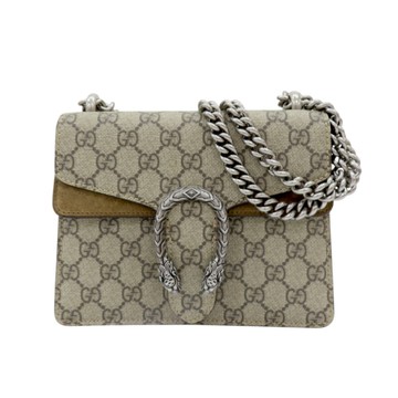 【二手名牌BRAND OFF】GUCCI 古馳 烏木色 GG帆布 麂皮 Dionysus mini 鍊帶肩背包 421970