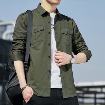 軍綠工裝男士襯衫修身韓版休閑大碼純棉水洗襯衣戶外軍綠肩章外貿