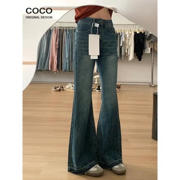 美式復古藍高腰微喇牛仔褲女2025春秋新款休閑顯瘦馬蹄毛邊喇叭褲