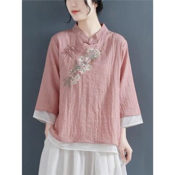 中國風復古盤扣刺繡棉麻七分袖襯衫女春夏裝寬松大碼薄款茶服上衣