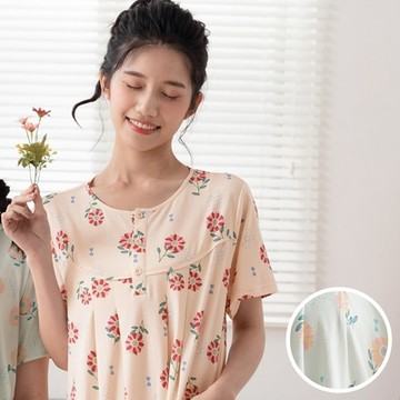 華歌爾睡衣-仕女系列 M-L純棉針織印花短袖半開襟洋裝(嫩芽綠) LWZ35521GR