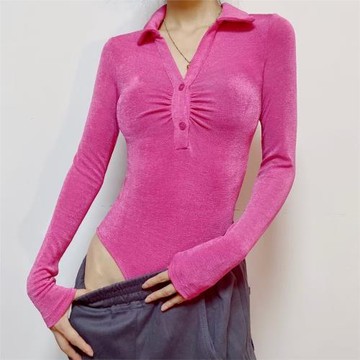 歐美春秋長袖V翻領長袖連體衣打底衫女閃光冰絲修身T恤襯衫式上衣