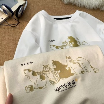 【多色大碼】情侶t恤 套頭衫oversize短袖加大碼t恤美式複古高品質卡通五隻貓印花t恤超大半袖青年t恤/林