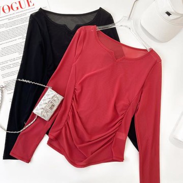 速干運動長袖t恤網紗V領性感瑜伽上衣女士透氣修身顯瘦罩衫健身服