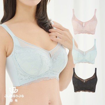 韓國 JUNGDOG 大罩杯無鋼圈蕾絲內衣 (3/4胸罩) - 水藍色-M