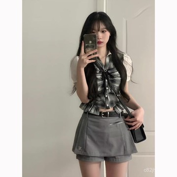 短裙褲套裝高腰短款 學院風拚接上衣設計感格子女減齡短袖名媛襯衫夏天套裝 女裝 韓國女裝 韓國風女裝 二件式套裝 時尚女裝