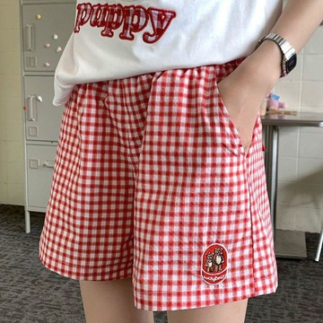 回購率90%📈ins風夏季復古慵懶風刺繡撞色格子直筒寬鬆百搭休閒短褲學生潮流U7HM