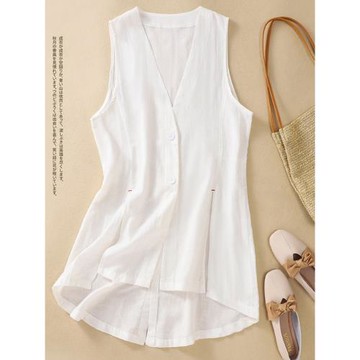 棉麻中長款馬甲開衫女夏純色寬松V領休閑防曬衫無袖坎肩亞麻上衣