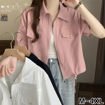 【QV5250】魔衣子-假口袋雙向拉鍊短版翻領短袖上衣