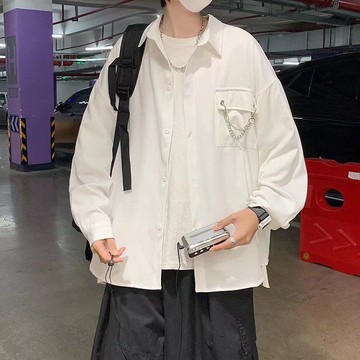 日系通勤休閒基本款翻領白色襯衫男秋季寬鬆長袖襯衫男