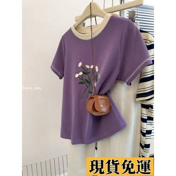 🌸限時下殺🌸紫色甜辣刺繡遮肉短袖T恤女士2025夏季大碼胖mm減齡小衫甜美上衣