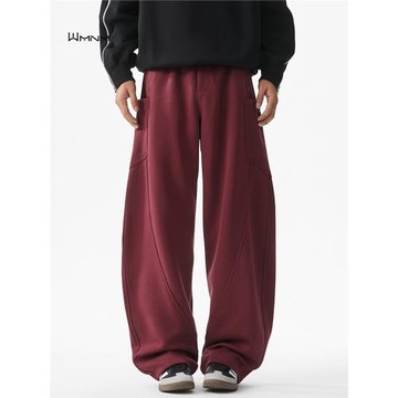 wmnm慵懶風安可拉紅褲子男秋冬休閑寬松直筒彎刀衛褲重磅美式長褲