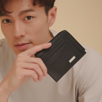 【金安德森】Beau斜切造型拉鍊零錢包-碳石黑