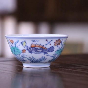 復古清雍正青花斗彩手繪魚藻主人杯茶杯景德鎮古玩古董陶瓷器茶具