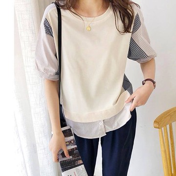 GOFO 短袖上衣 韓系穿搭 顯瘦好質感 假兩件拼接 五分袖 圓領t恤 女生t恤 夏季服飾 衣著 夏天女生 秋天