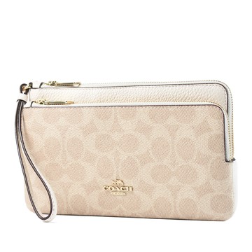 COACH 緹花LOGO防刮皮革大小雙層拉鍊大手拿包-灰褐/白