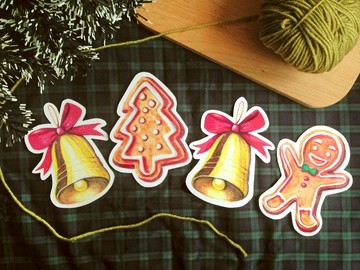 【聖誕限定】薑餅人 聖誕鐘 聖誕樹 曲奇 聖誕卡兩用套裝 掛飾 4張