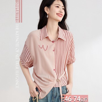 翻領條紋W刺繡拚接單環壓褶不規則落肩袖襯衫 M-2XL【333456X】【現+預】☆流行前線☆