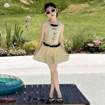 Xuan♥女童泳衣中大童波點蝴蝶結裙式連體小女孩夏裝游泳衣