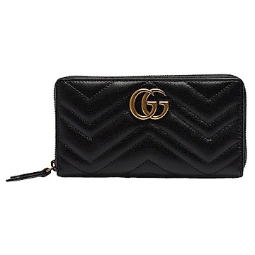 GUCCI 古馳 Marmont仿舊金色雙G LOGO V字車紋拉鍊長夾(黑色_12卡)