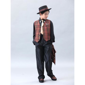 非零旦斯Kids 酒紅金格 少兒街舞西裝Popping套裝Locking馬甲西褲