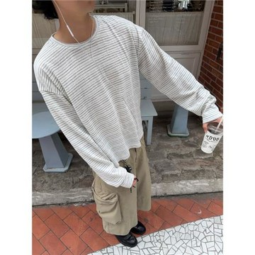 FATEEGG美式復古vintage做舊條紋長袖T恤寬松男女慵懶風打底上衣