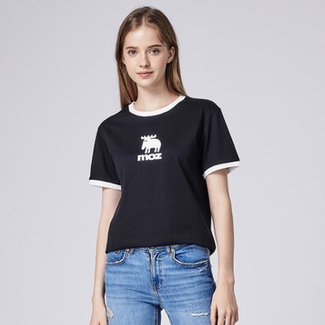 moz瑞典 拚色滾邊駝鹿印花100%純棉短T-萬年黑(亞洲版)女款