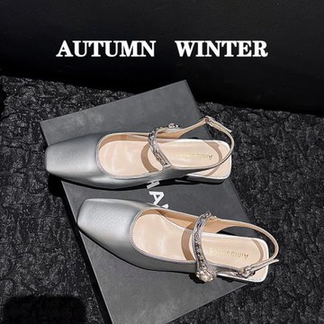 法式小香晚晚風包頭涼鞋女2025新款夏季銀色粗跟平底瑪麗珍溫柔鞋