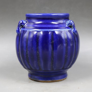 清乾隆祭藍釉象鼻瓜菱罐仿古瓷器古董古玩家居擺件民間收藏品1入