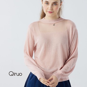【Qiruo 奇若】秋冬專櫃網紗圓領長袖上衣6899A-15粉色百搭