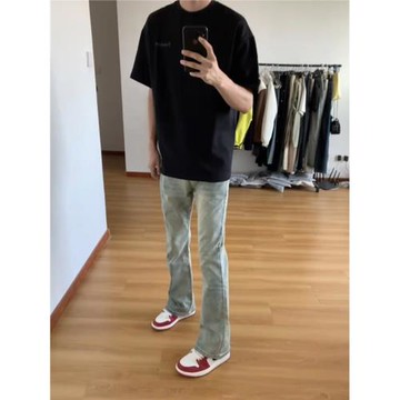 復古藍微喇牛仔褲男款夏季穿搭小個子窄版褲子高腰高檔顯瘦直筒褲