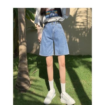 深藍色高腰五分牛仔短褲女2026年新款寬松顯瘦小個子直筒闊腿中褲