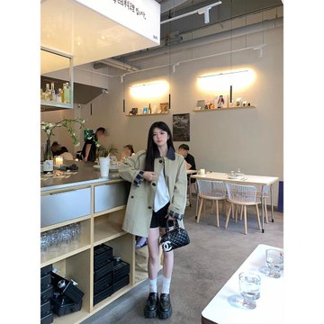 卡其色短款風衣女2025春季新寬松翻領小個子英倫風格紋拼接外套