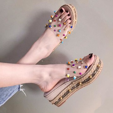 夏彩色鉚釘透明厚底水鉆高跟拖鞋