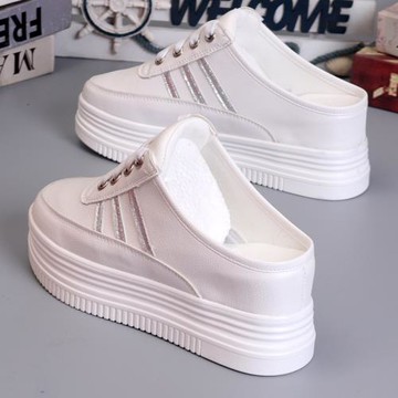 2024夏季新品小白鞋女一腳蹬無后跟懶人鞋厚底內增高6CM護士鞋女