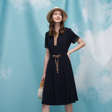 CLL巧玲瓏 襯衫領排釦撞色縮腰洋裝 7705004