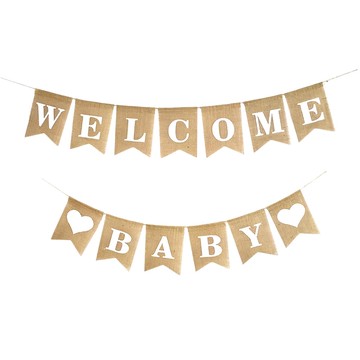 森林系麻布裝飾拉旗 寬13*高18公分 亞麻布麻繩 DIY組裝  welcome baby 褐色  1組