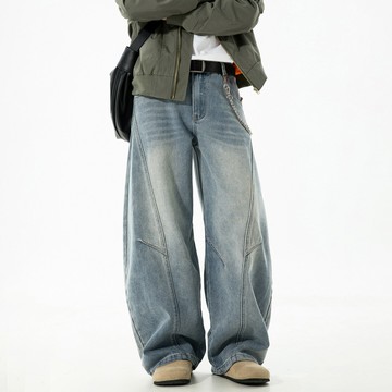 分割結構復古水洗彎刀牛仔褲男秋季款潮牌廓形寬松休閑直筒長褲子鑫弘-衣錦男裝