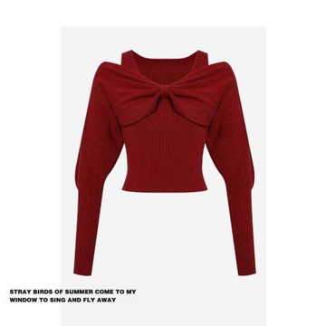 品牌特價2025小眾設計感掛脖上衣女早秋氣質露肩蝴蝶結紅色毛衣女