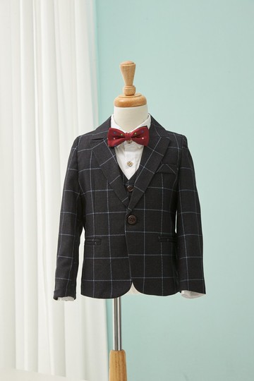 HAO.HAO kids 大方格紋西裝-淺藍格紋深灰(三件組)