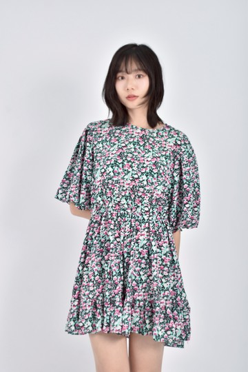 加購優惠(L) 高腰質感碎花短袖滿版印花綠色連身裝