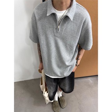 LH store 重磅半拉鏈翻領polo衫短袖男日系寬松休閑簡約百搭T恤