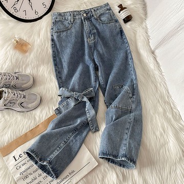 蝴蝶結小個子直筒牛仔褲女新款秋冬裝褲子設計感小眾哈倫褲