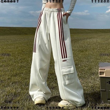 超實惠 十 女長褲 休閒褲 美式復古三條槓休閒運動衛褲女hiphop寬鬆垂感工裝長褲子