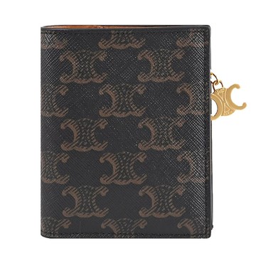 CELINE TRIOMPHE 凱旋門花紋吊飾標誌對折扣式短夾.深咖