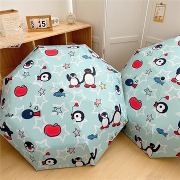 新款抗風卡通可愛綠色小企鵝遮陽傘雨傘太陽傘學生自動黑膠防曬