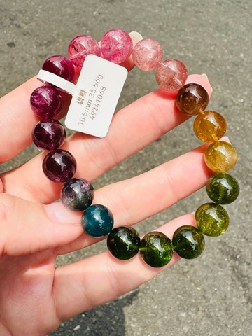 小精品碧璽水晶10.5mm35.56g帶紫碧藍碧優雅彩串透體高頻磁場旺夫