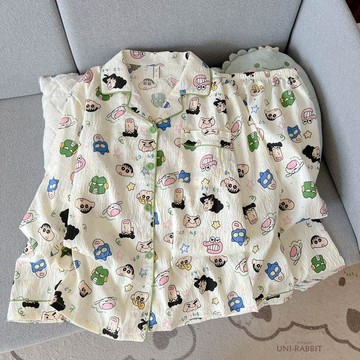 卡通簡約風黃格紅邊春秋季新款雲朵棉睡衣女翻領家居服閨蜜裝居家服套裝睡衣女套裝女生睡衣居家睡衣家居服