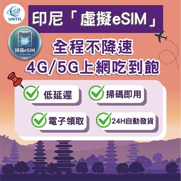 【優一電訊】印尼 eSIM 上網卡 網卡 不降速吃到飽 免換卡 掃碼即用 巴里島 雅加達 泗水 日惹 旅遊必備 熱點分享