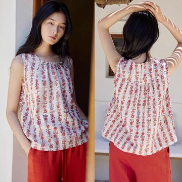 設計所在 獨家高端限量系列 成衣酵洗100%雨露亞麻印花無袖背心上衣(S-L可選)